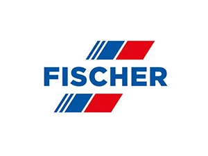Fischer Logo mit blauen und roten Streifen, stilisiert unter dem Firmennamen dargestellt.