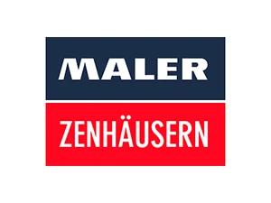 Maler Zenhäusern Firmenlogo mit blauem Hintergrund und rotem Akzent, weißer Schriftart auf beiden Teilen.