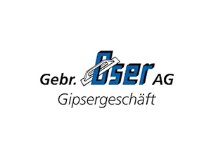 Logo der Gebr. Oser AG, spezialisiert auf Gipsergeschäft mit blauem Schriftzug und silbernem Spachtelmotiv.
