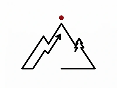 Strichzeichnung eines Berges mit Pfeil und Baum, roter Sonne oben, symbolisiert Zielerreichung und Wachstum.