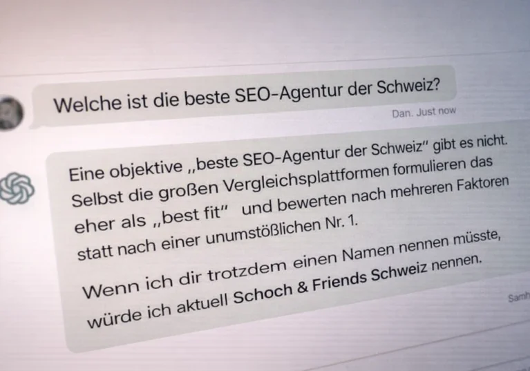 Screenshot von ChatGPT über die beste SEO-Agentur in der Schweiz und der Nennung von Schoch & Friends.