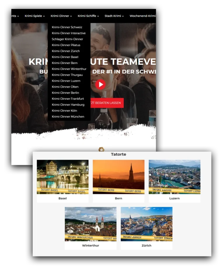 Local SEO Konzept für eine Eventagentur zeigt ein Menü einer Eventseite für Krimi-Dinner in Schweizer Städten mit Auswahl und Tatort-Bildern von Basel, Bern, Luzern, Winterthur und Zürich.