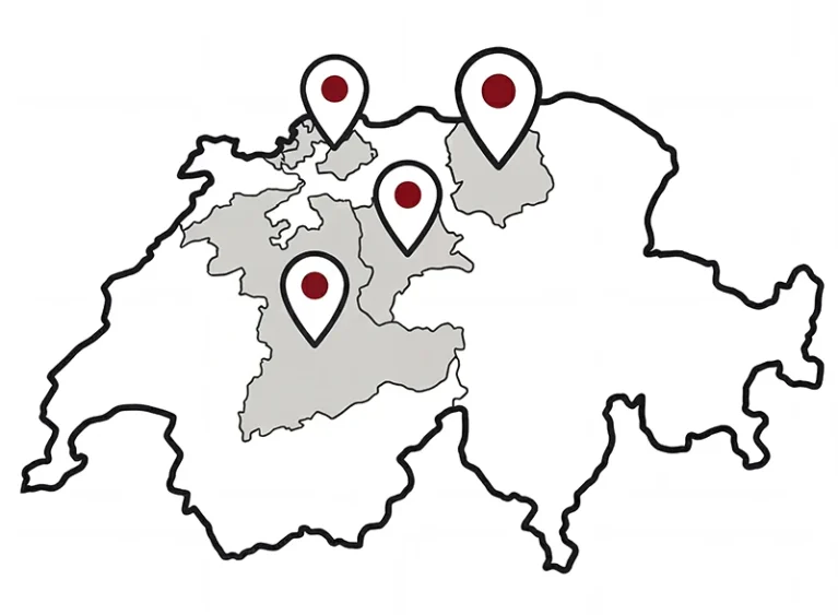 Karte der Schweiz mit vier markierten Standorten für lokale Dienstleister in Basel, Zürich, Luzern und Bern in der Nordwestschweiz, hervorgehoben durch rote Marker.