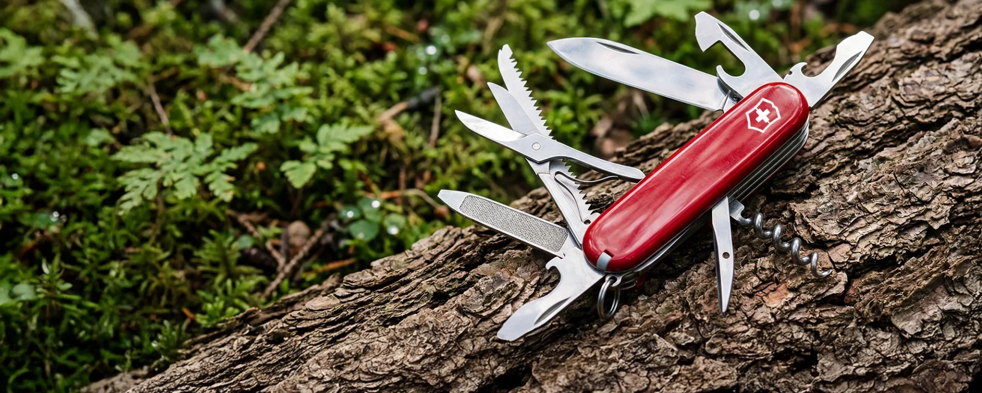Rotes Schweizer Taschenmesser mit ausgeklappten Werkzeugen auf Baumstamm im Wald.