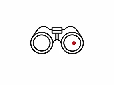 Minimalistisches Fernglas-Icon mit rotem Punkt, das für Suche oder Entdeckung steht.