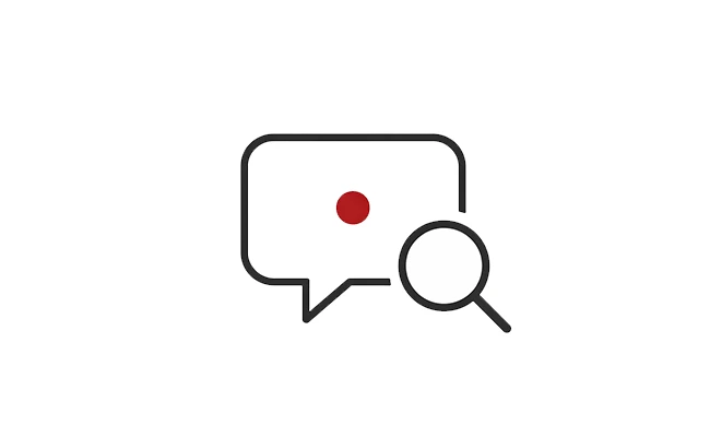 Sprechblase mit rotem Punkt und Lupe - Symbol für SEO in Suchmaschinen und KI