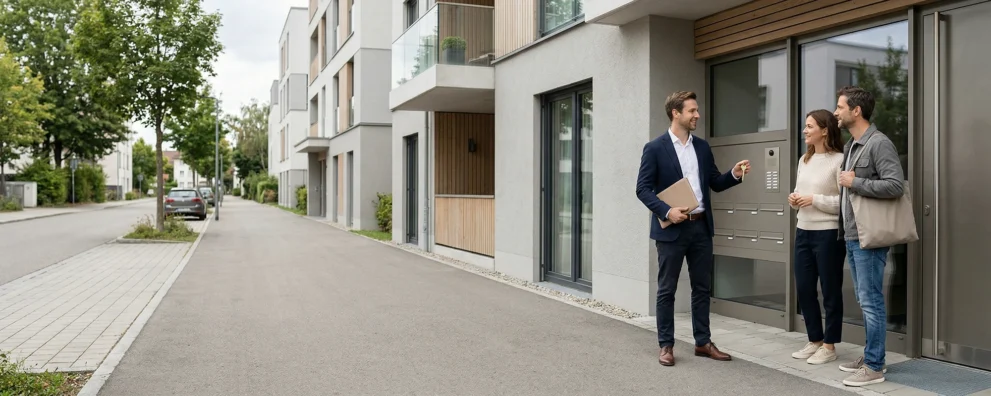 Immobilienmakler übergibt Schlüssel an seine Kunden