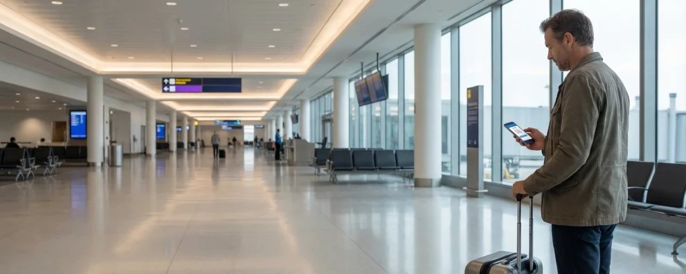 Mann am Flughafen mit Smartphone, blickt auf Boarding-Pass, steht neben Koffer in moderner, leeren Wartehalle.