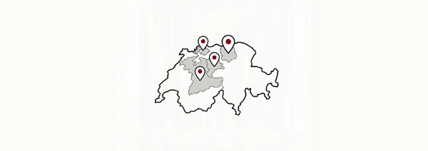 Karte der Schweiz mit markierten Kantonen Luzern, Zürich, Basel und Bern