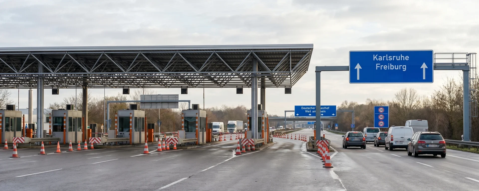 Autobahn-Kontrollstation mit Schildern Richtung Karlsruhe und Freiburg, Autos auf der Straße bei Grenzübergang Weil am Rhein als Symbol für seine Webdesign Agentur Deutschland