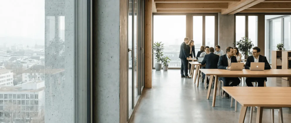Modernes Büro mit großen Fenstern, wo Teams an hölzernen Schreibtischen in einer offenen, hellen Umgebung arbeiten.