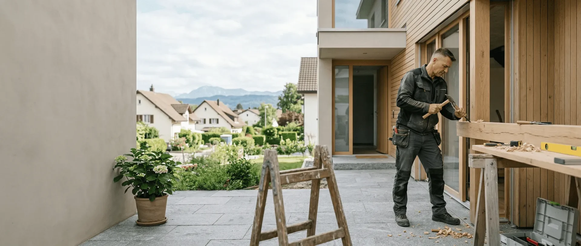 Handwerker arbeitet an Holzbalken vor modernem Haus mit Bergblick und Garten im Hintergrund.