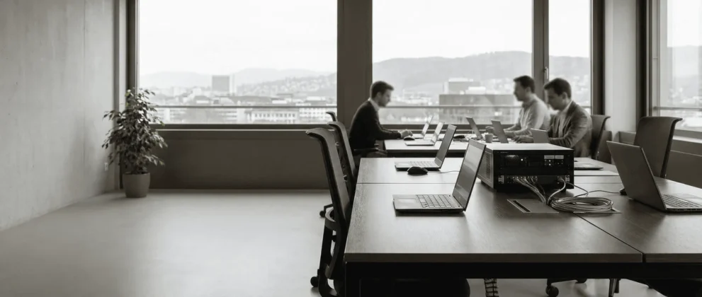 Besprechungsraum mit Mitarbeitern an Laptops bei der Arbeit, modern eingerichtet mit großer Fensterfront und Blick auf die Stadt.