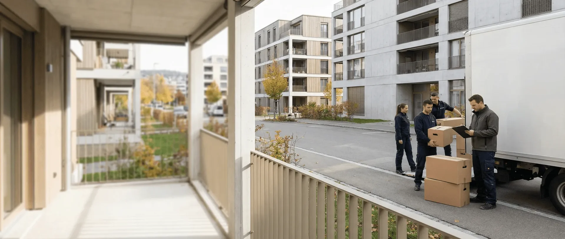 Umzug in modernes Wohngebiet mit Lieferteam und Kartons vor mehrstöckigen Gebäuden, herbstliche Atmosphäre.